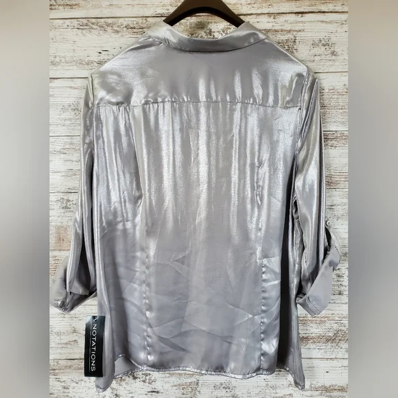 Y2K Notations Metallic Silver Shimmer Button-Front Blouse with Roll-Tab Sleeves - Picture 3 of 15